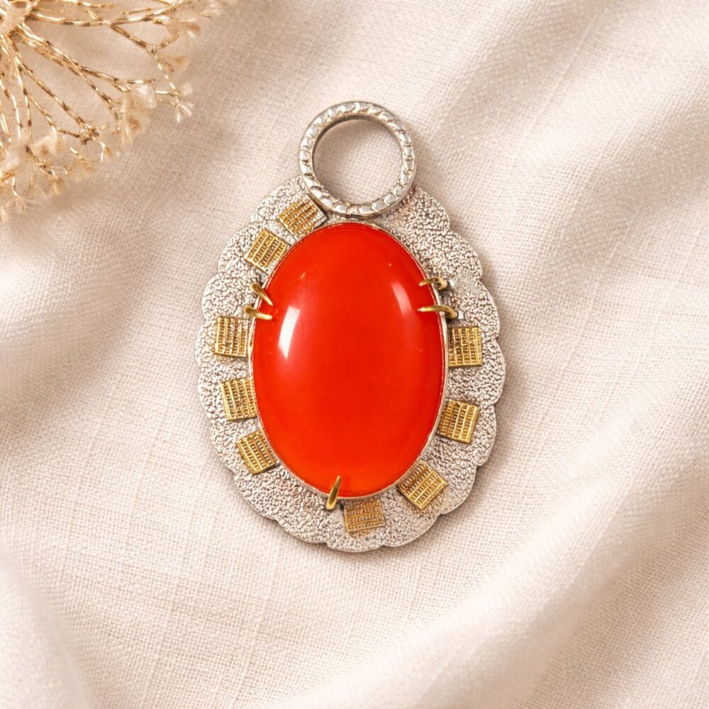 Vintage 925 Sterling Silver Carnelian Pendant Large Modernist Statement Jewelry